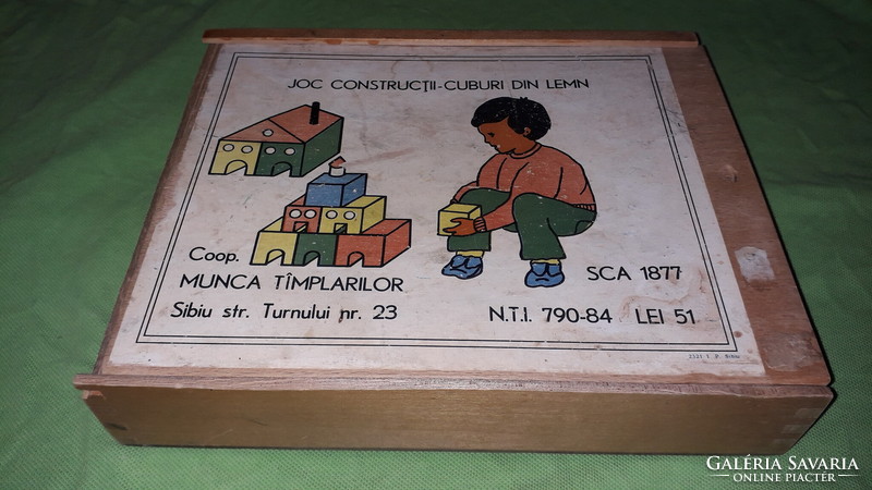 Régi román játék fa építőkocka szett dobozával 26 x 21 x 6 cm a képek szerint