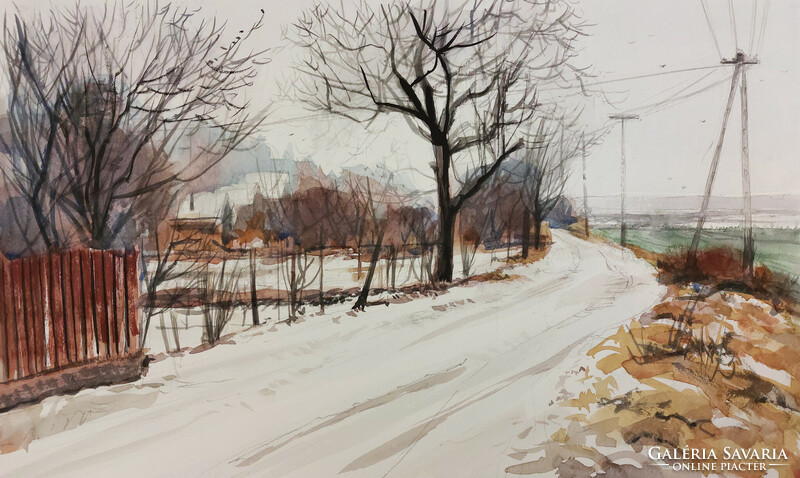 Tibor Bálinth: winter (watercolor 50cm x 29cm paper - 250gr.) Winter landscape in the surroundings of the vineyard