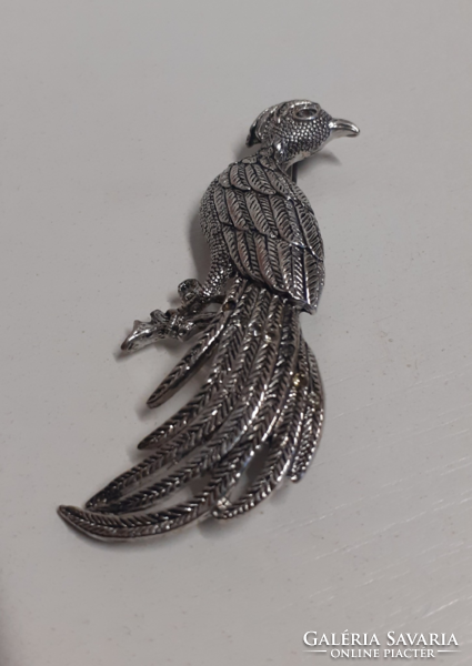Old beautiful condition rich silver plated long feather bird of paradise brooch pin with safety pin
