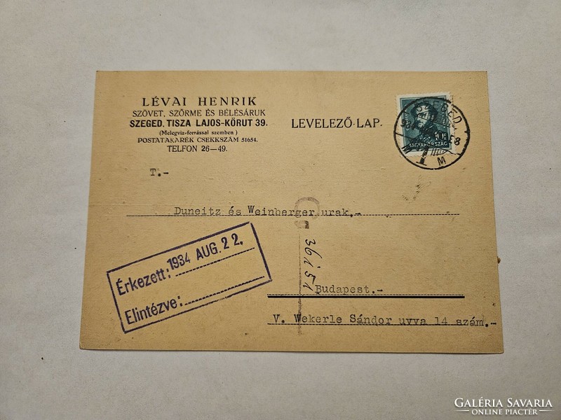 1934 letterhead postcard Szeged
