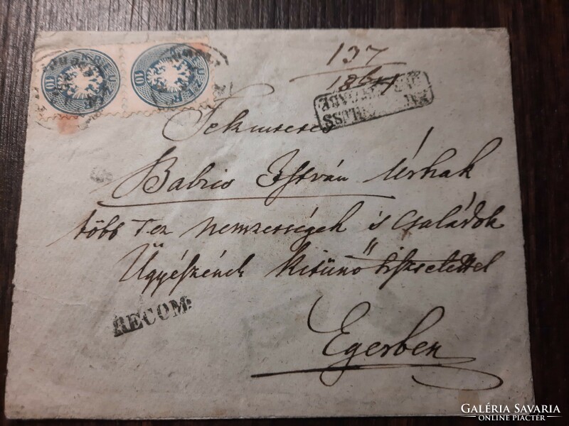1864. 10+ 10kr. Függőleges pár ajánlott levélen Pest abends-Erlau