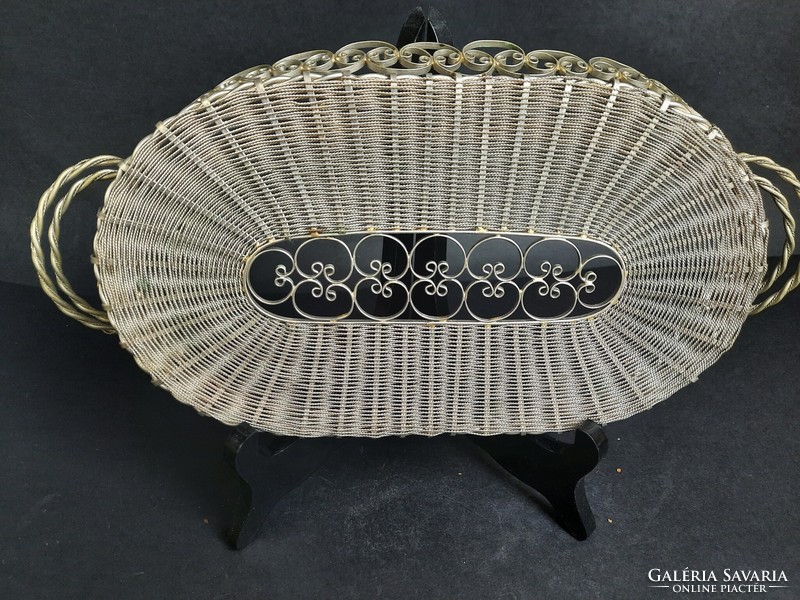 Decorative silver-plated ? Metal serving tray with braided handle - bowl /465/