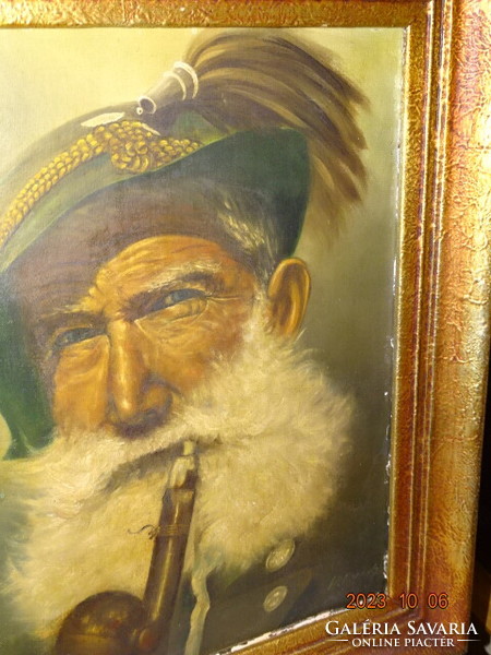 Richard Kellerhals ( 1878-1968): Bavarian hunter with a big beard smoking a pipe, oil painting