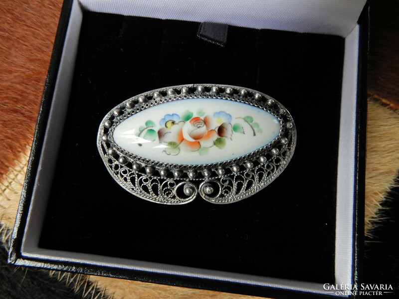 Old silver-plated Russian brooch with fire enamel decoration