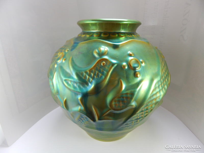 Zsolnay, andrás sinko green eosin glazed bird porcelain vase,