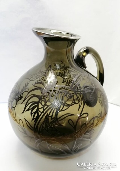Silver inlaid art deco jug with firefish motifs, made of smoke-colored glass, in perfect condition