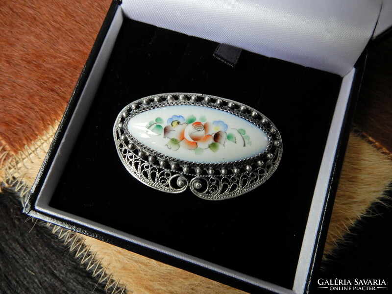 Old silver-plated Russian brooch with fire enamel decoration