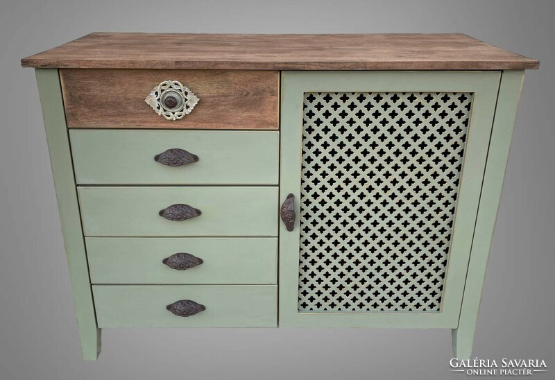 Chest of drawers with an oriental feel, antiqued with gold, with cast iron handles...