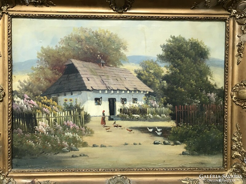 István Krecsmár: village yard oil, canvas