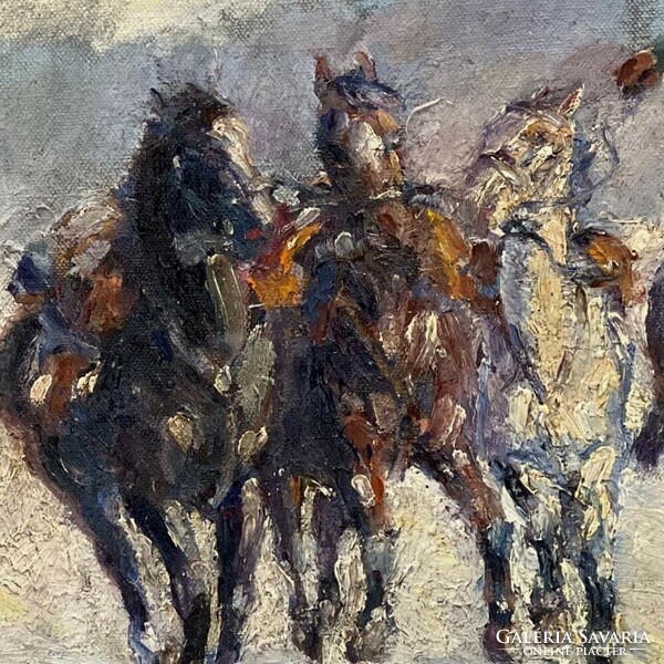 Ism. festő, 1915 k.: I. Világháborús jelenet ( Lovaskatona összeterelt lovakkal)F00644