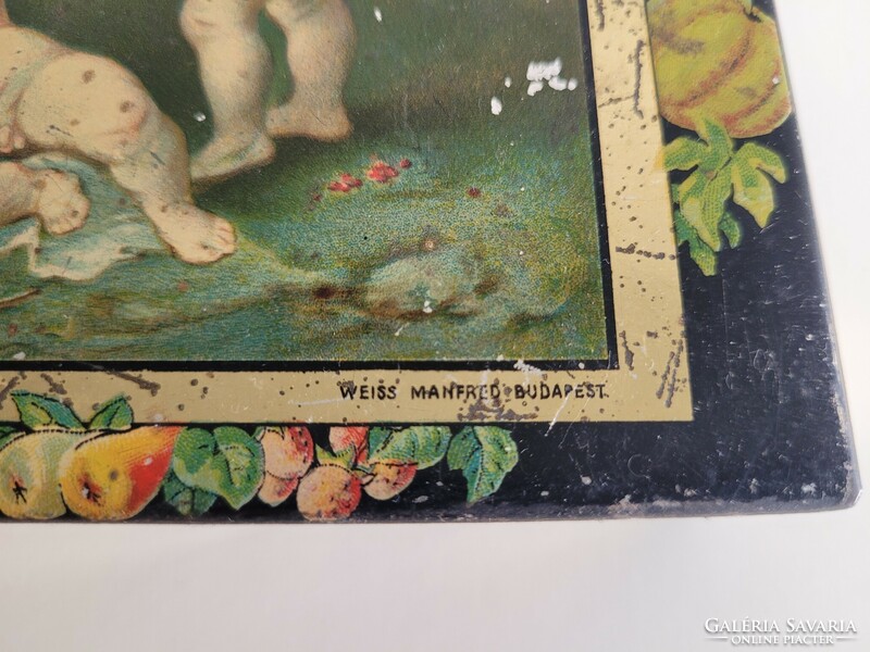Antik fémdoboz Weiss Manfréd Globus régi cukorkás WM doboz puttó mintás
