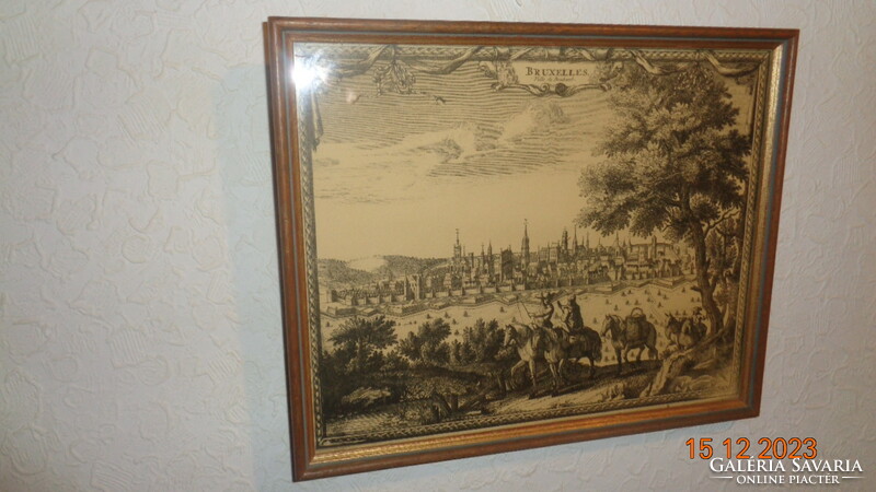 Ville de Brabant, Brussels skyline, old etching, 26 x 21 cm, with original frame 28 x 23 cm