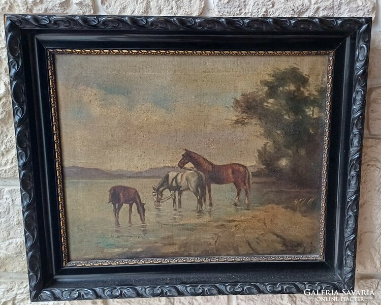 Antique equestrian painting in a river is a cozy oil-on-canvas painting