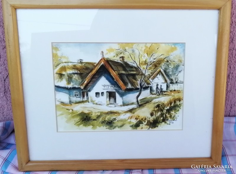 Village detail with talking figures, framed watercolor painting. The work of contemporary painter Ernő Bíró