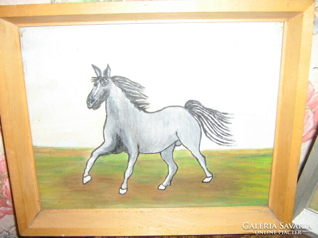 Equestrian amateur painting in a wooden frame