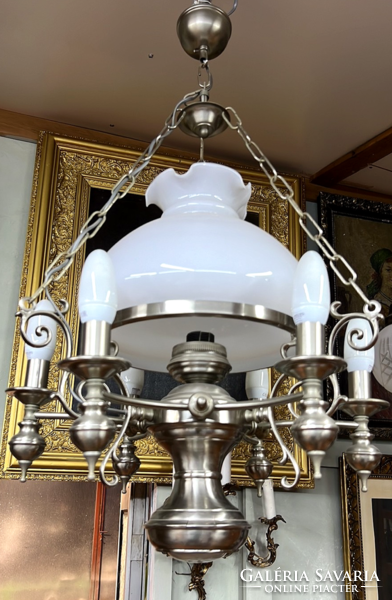 Antique 8-bulb chandelier-type lamp - milk with white glass cover