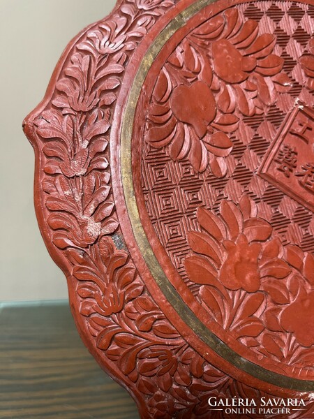 Antique Chinese cinnabar lacquer plate, oriental