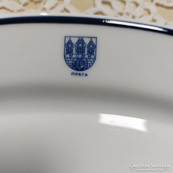 Czech blue edged, oval, large serving bowl, centerpiece, with Prague emblem