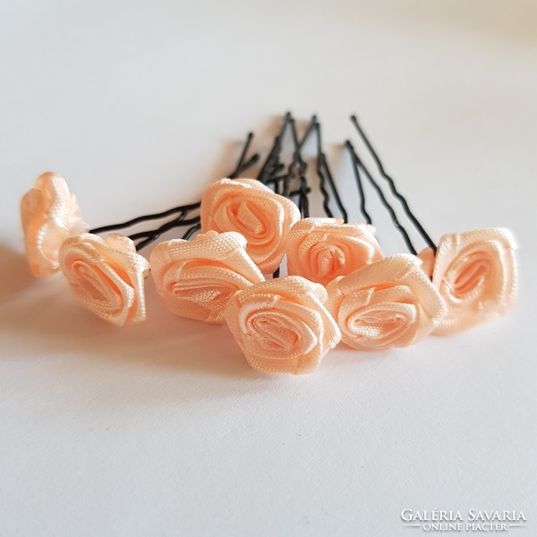 New, peach-colored satin rose hairpin, hair ornament