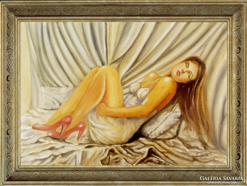 Red slipper. A work by contemporary painter Dezső Czakó, signed, without frame