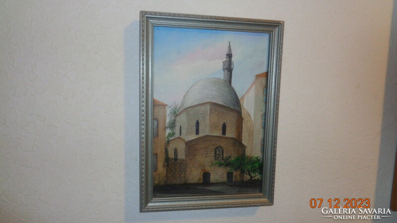 Pécs , Dzsámi a minarettel  , festmény  , olaj - vászon
