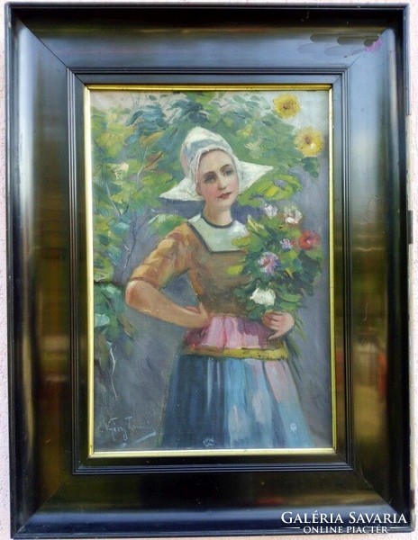 Biedermeier-style framed antique painting of a lady with a bouquet, with the signature of Níry Tamás