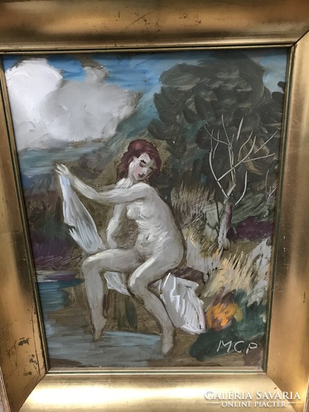 Molnár c. Pál: waterside nude covered with oil, wood fiber