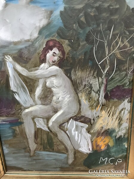 Molnár c. Pál: waterside nude covered with oil, wood fiber