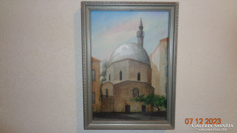 Pécs , Dzsámi a minarettel  , festmény  , olaj - vászon