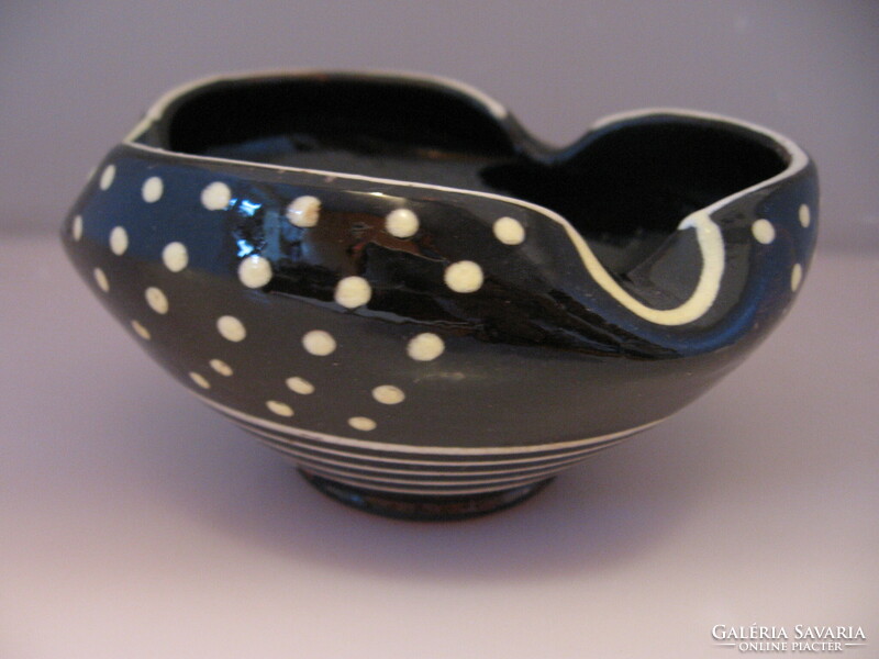 Black and white dotted, striped artistic signed ceramic ashtray, vase