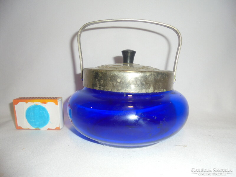 Old, blue glass-metal sugar bowl, bonbonnier