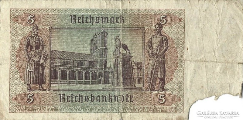 5 Reichsmark swastika 1942 Germany 2. Corner missing