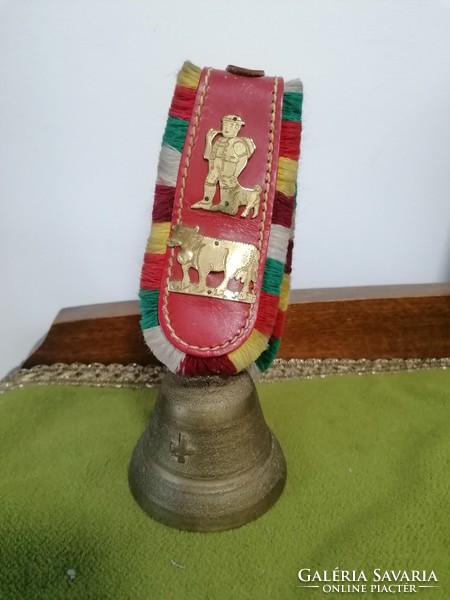 Copper bell with leather strap, cattle and shepherd decoration