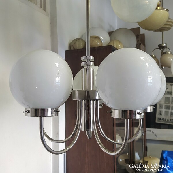Bauhaus - art deco - 5-arm nickel-plated chandelier renovated - milk glass spherical shades