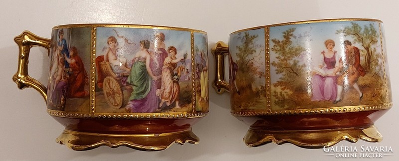 Romantikus jelenetes Altwien, antik életképes porcelán teáscsészék