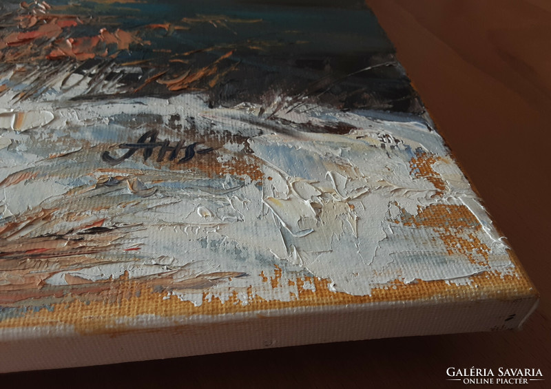 Antyipina Galina: Téli patak. Olajfestmény, vászon, festőkés. 70x50cm