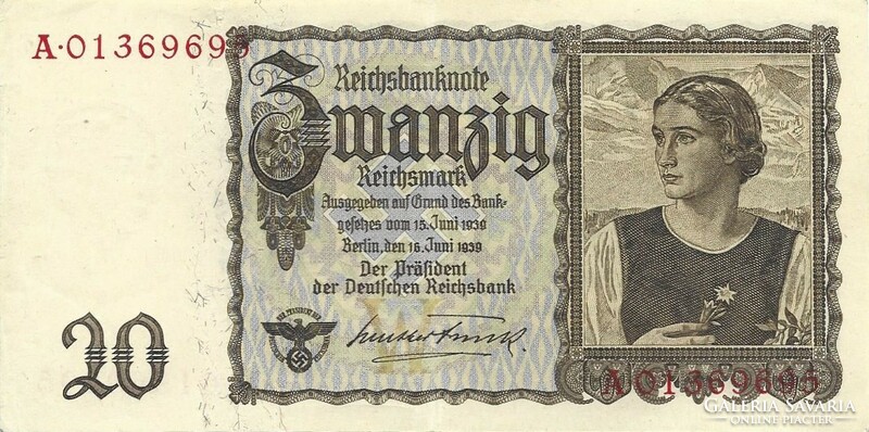 20 Reichsmark swastikas 1939 Germany 1. Beautiful serial number. 01369695