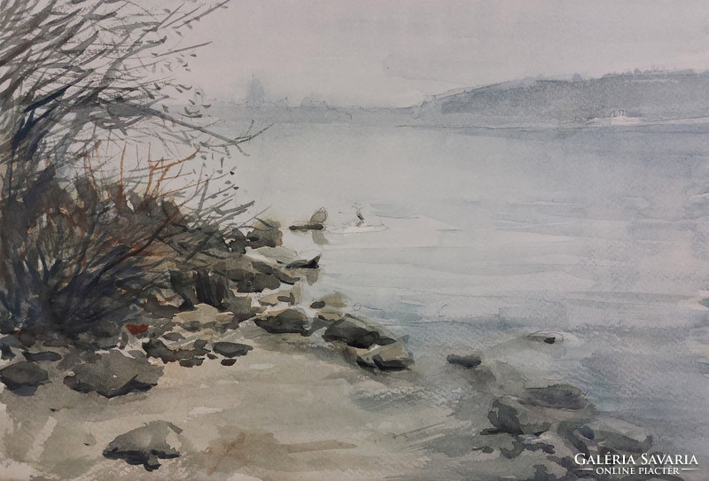 Tibor Bálinth: Danube bank (watercolor 32cm x 22cm paper 200 grams) landscape with restrained colors