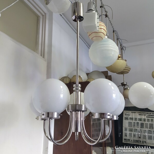 Bauhaus - art deco - 5-arm nickel-plated chandelier renovated - milk glass spherical shades