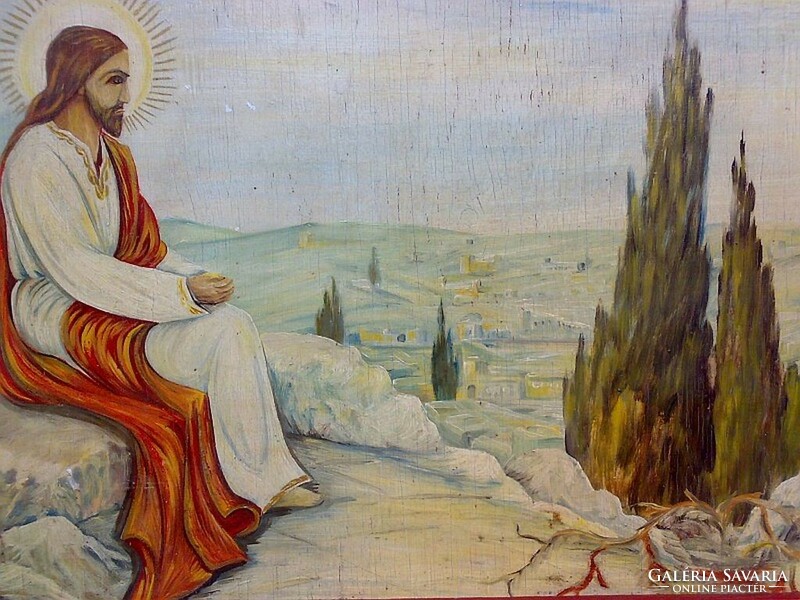 Jesus on the Mount of Olives with oil painting sign on veneer board