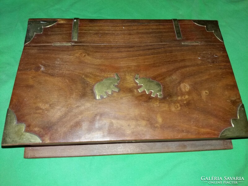 Antique book-shaped wooden gift box decorated with copper inlay (elephant, corners, strap) 19x23x6 cm