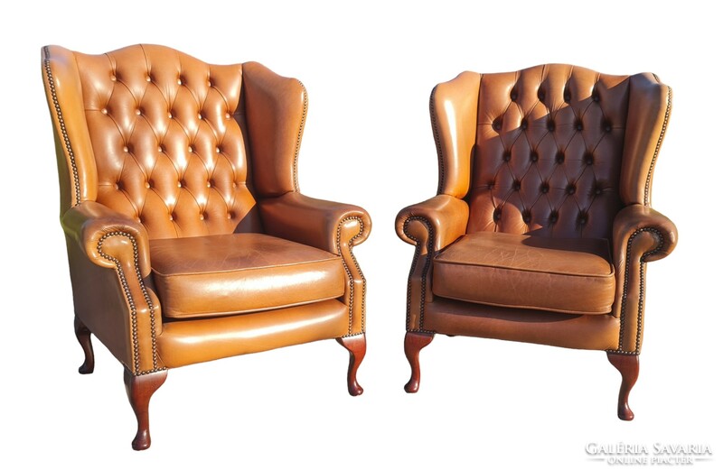 Original English chesterfield leather armchairs with ears