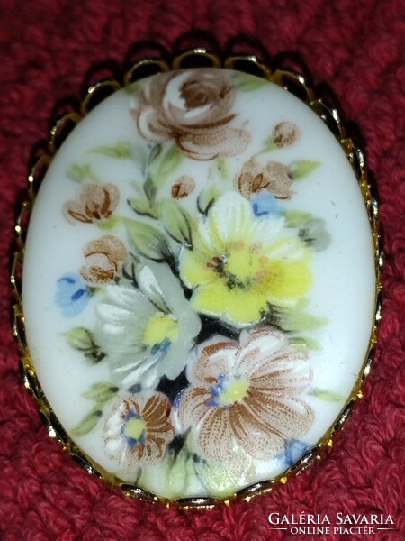 Vintage old retro women's badge pin brooch copper porcelain flower from the 1960s