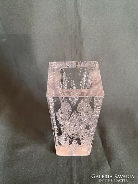 Szögletes préselt designer üveg váza 16 cm JG szign. (U0006)