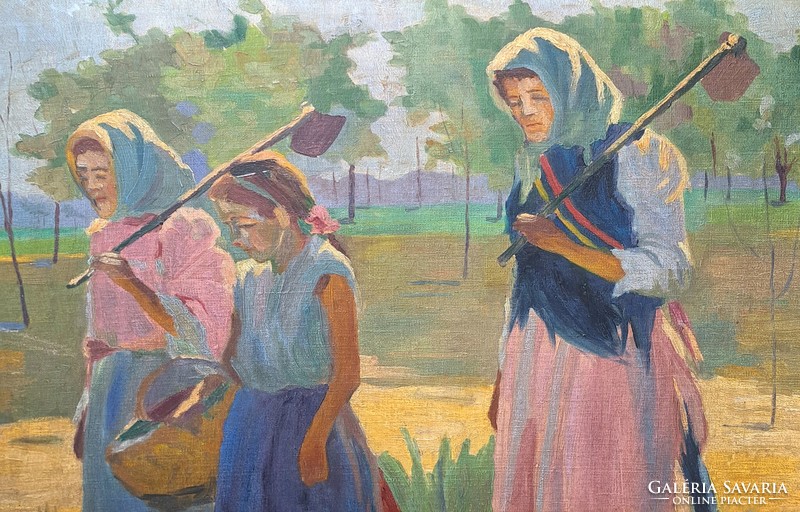Red marguerite village women oil canvas painting gold blondel frame 88 x 79 cm