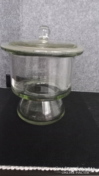 Vintage laboratory vessel with lid, thick-walled, heavy