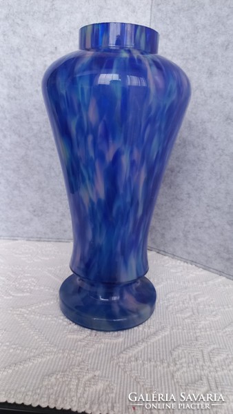 Bohémia art deco kék pettyes vastagüveg váza, fröccsüveg technikával készült /Ruckl Glass gyár/