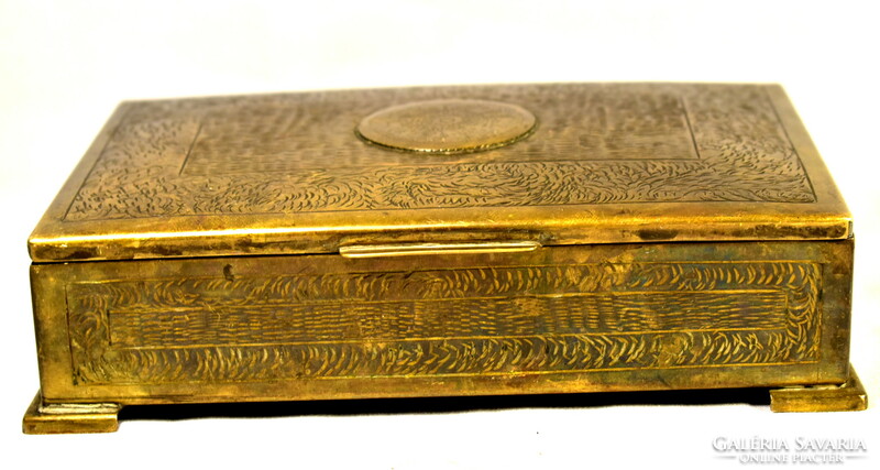 Antique engraved decorative copper box with zodiac motif