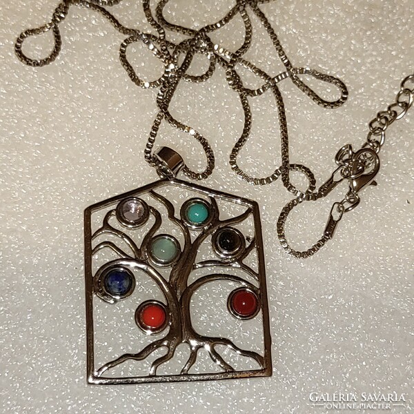 Steel Venetian cube eye necklace tree of life pendant with minerals