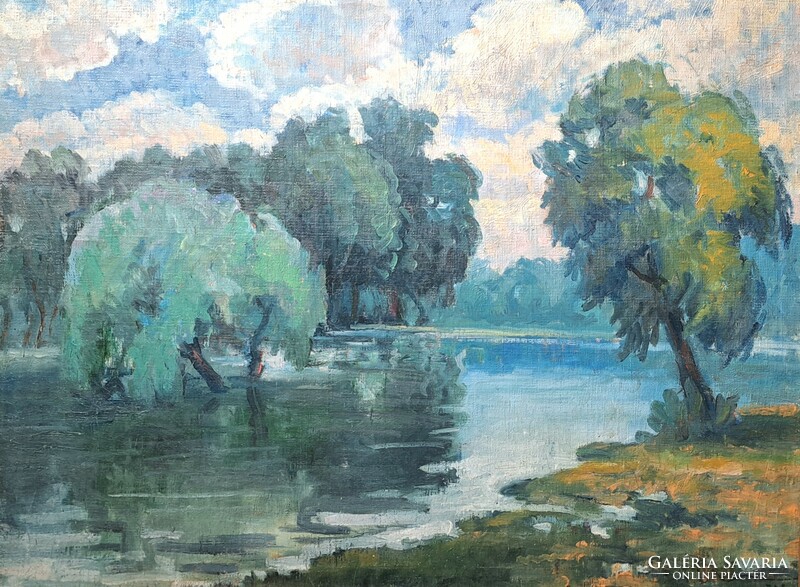 Waterside landscape, 1921 - signed - endre béla? (Oil on canvas, with frame)